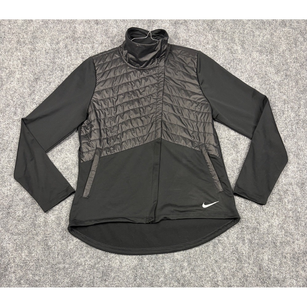 Nike Running Women Black Quilted Hybrid Asymmetrical Full Zip Jacket Medium